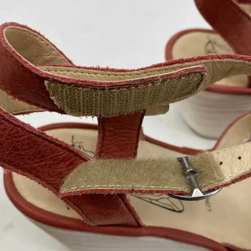 Fly London Red Leather Wedge Sandals | Size 38EU